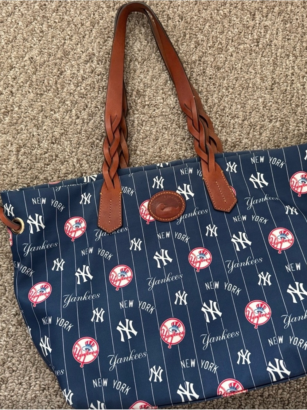 Dooney & Bourke New York Yankees Navy Tote Bag with Brown Leather Handles.